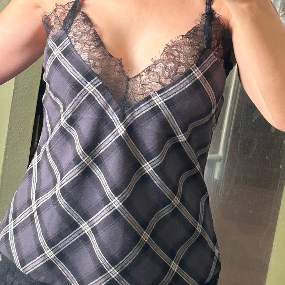 Elegant Black and gray plaid Lace Trim Camisole